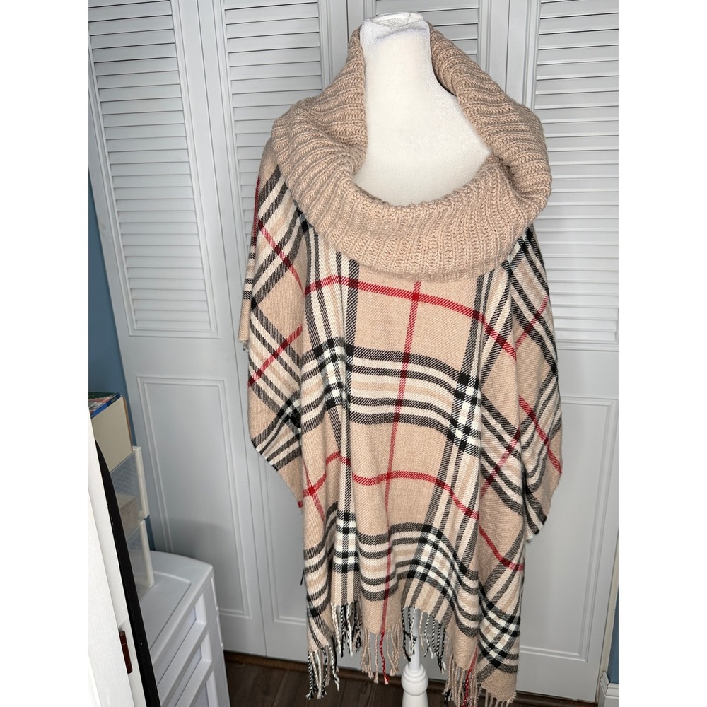 V.Fraas Plaid Poncho Women OS Tan Excellent Cowl Neck Fringe Trim Wrap